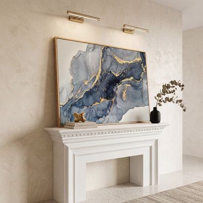 Navy and Gold Fluid Marble Abstract Canvas Wall Art in white oak floating frame