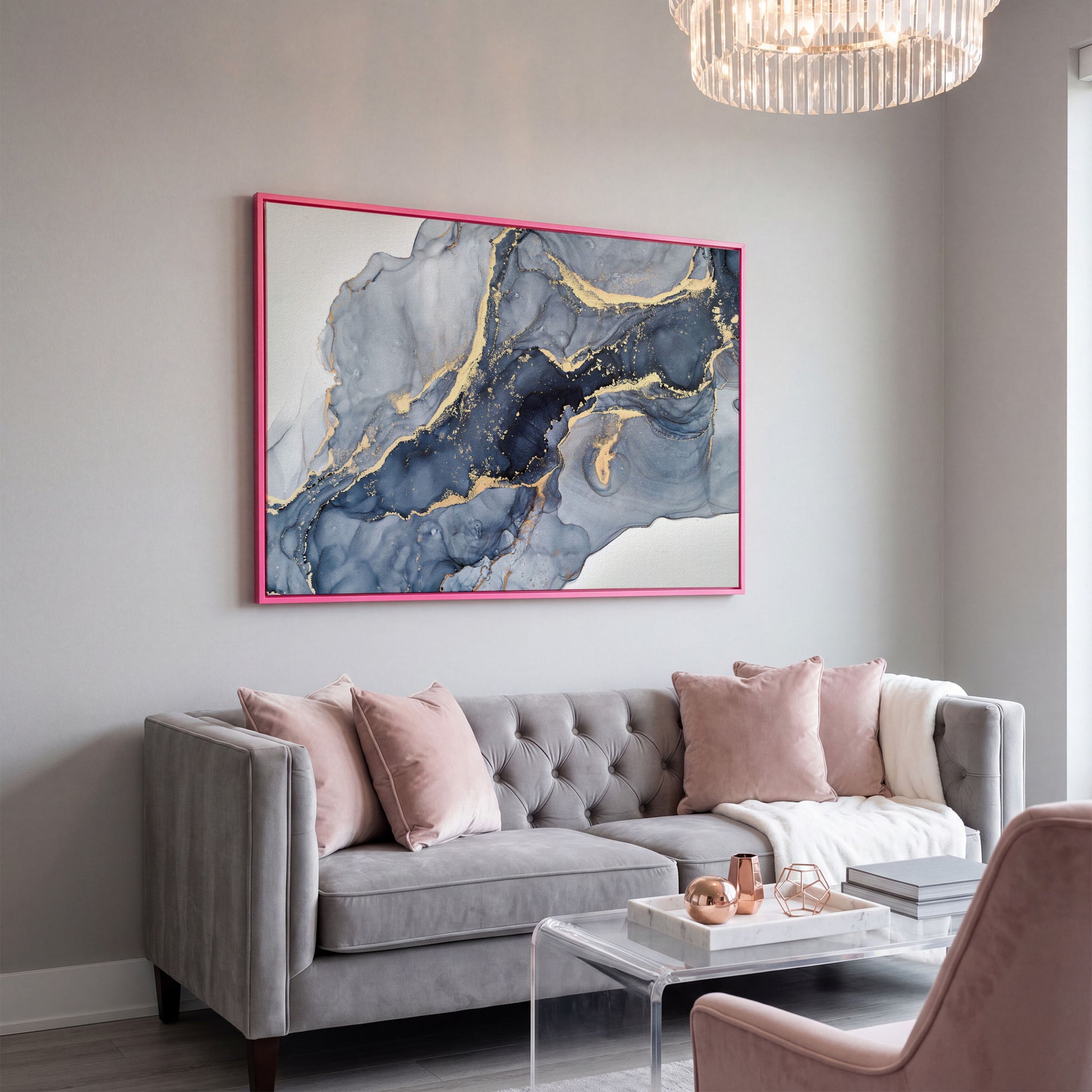 Navy and Gold Fluid Marble Abstract Canvas Wall Art in pink floating frame