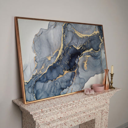 Navy and Gold Fluid Marble Abstract Canvas Wall Art in rose gold floating frame