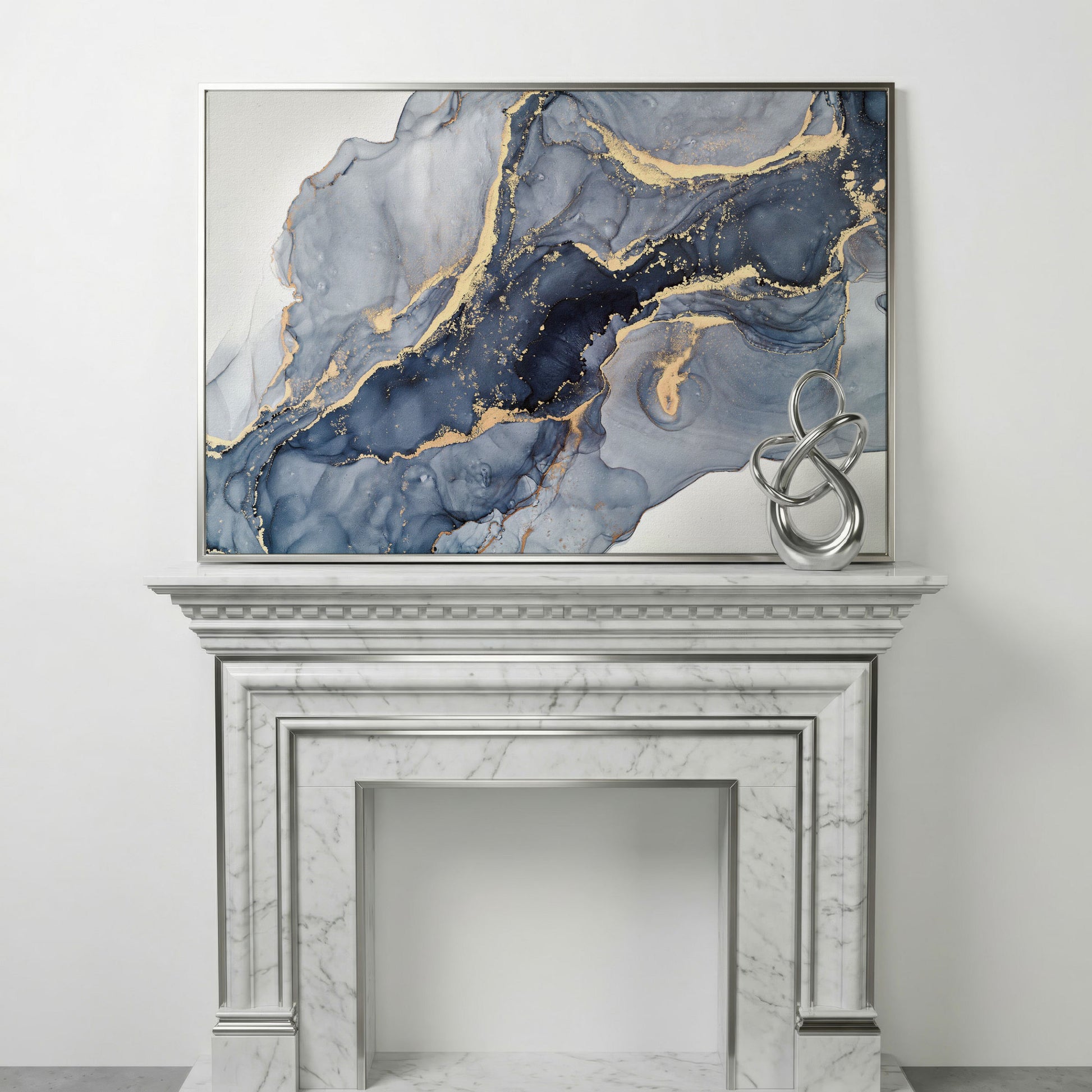 Navy and Gold Fluid Marble Abstract Canvas Wall Art in silver floating frame