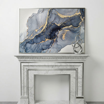 Navy and Gold Fluid Marble Abstract Canvas Wall Art in silver floating frame