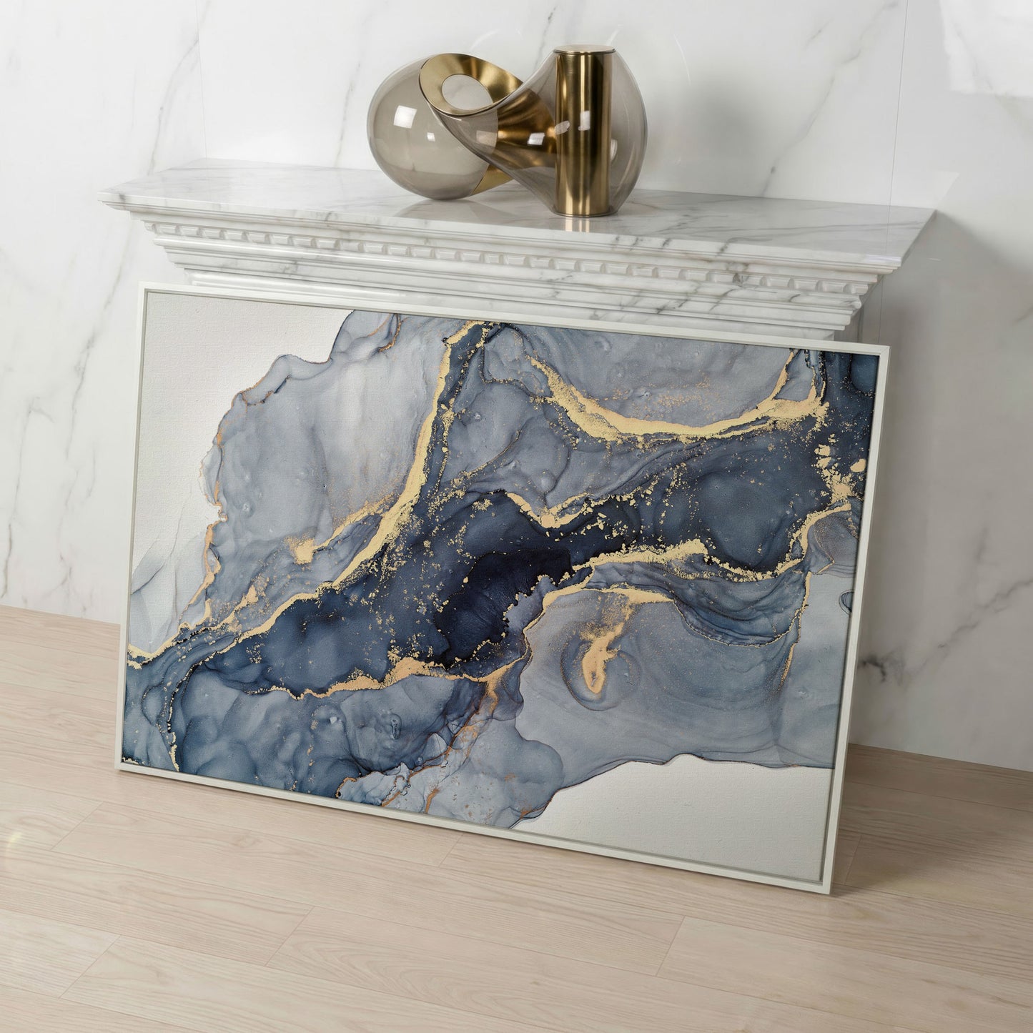 Navy and Gold Fluid Marble Abstract Canvas Wall Art in white floating frame
