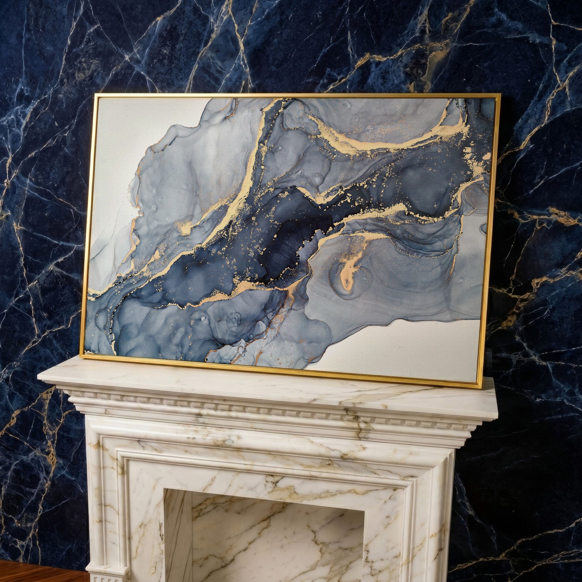 Navy and Gold Fluid Marble Abstract Canvas Wall Art in yellow gold floating frame