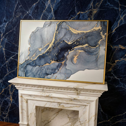 Navy and Gold Fluid Marble Abstract Canvas Wall Art in yellow gold floating frame