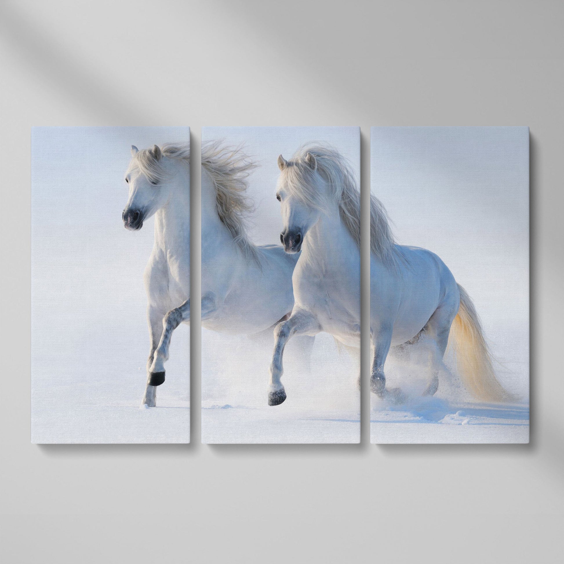 Two White Horses Running Through Snow. Canvas Wall Art as 3-panel split version
