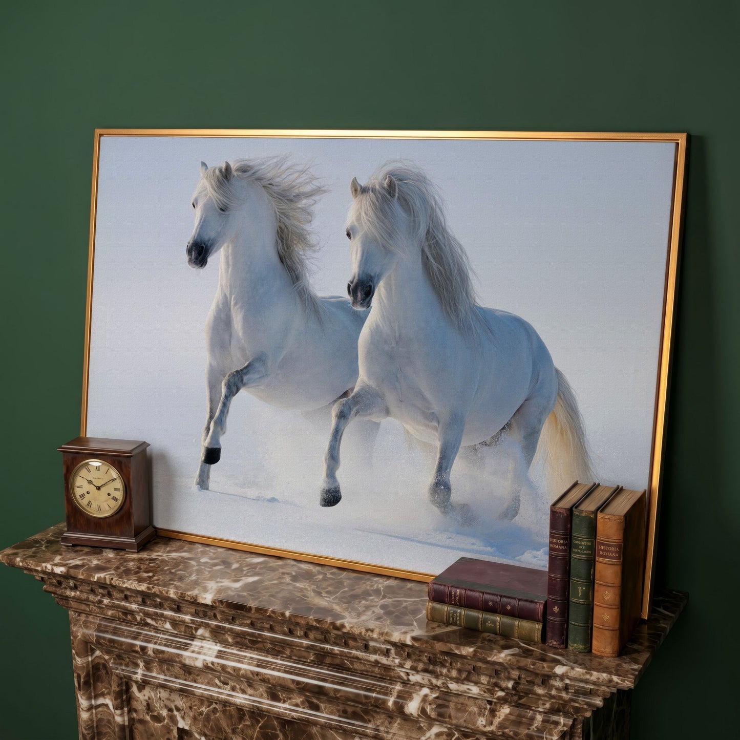 Two White Horses Running Through Snow. Canvas Wall Art in antique gold floating frame