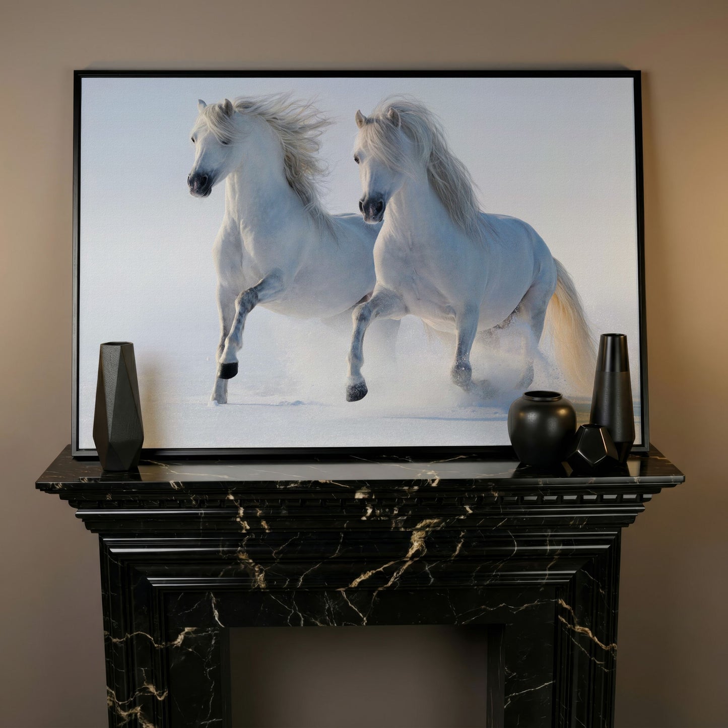 Two White Horses Running Through Snow. Canvas Wall Art in black floating frame