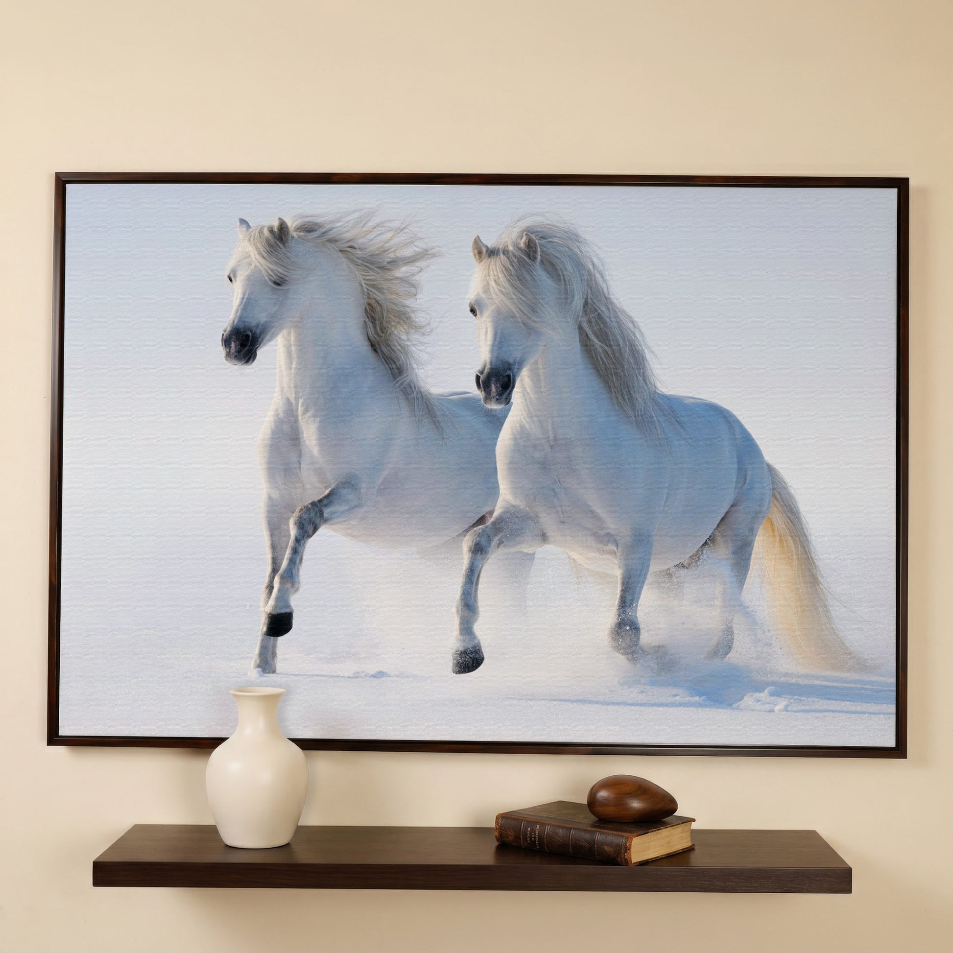 Two White Horses Running Through Snow. Canvas Wall Art in dark walnut floating frame