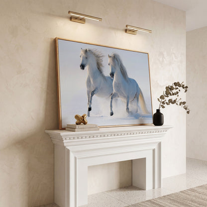 Two White Horses Running Through Snow. Canvas Wall Art in white oak floating frame