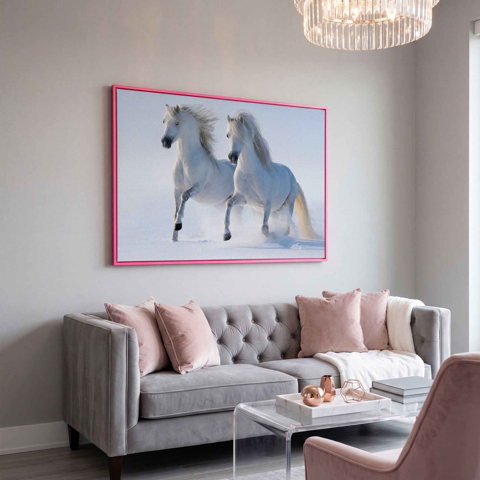 Two White Horses Running Through Snow. Canvas Wall Art in pink floating frame