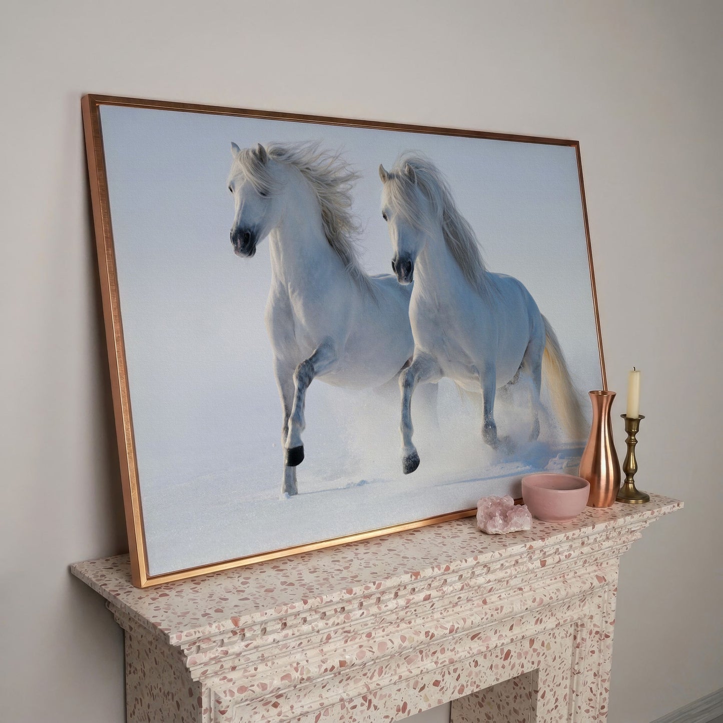 Two White Horses Running Through Snow. Canvas Wall Art in rose gold floating frame