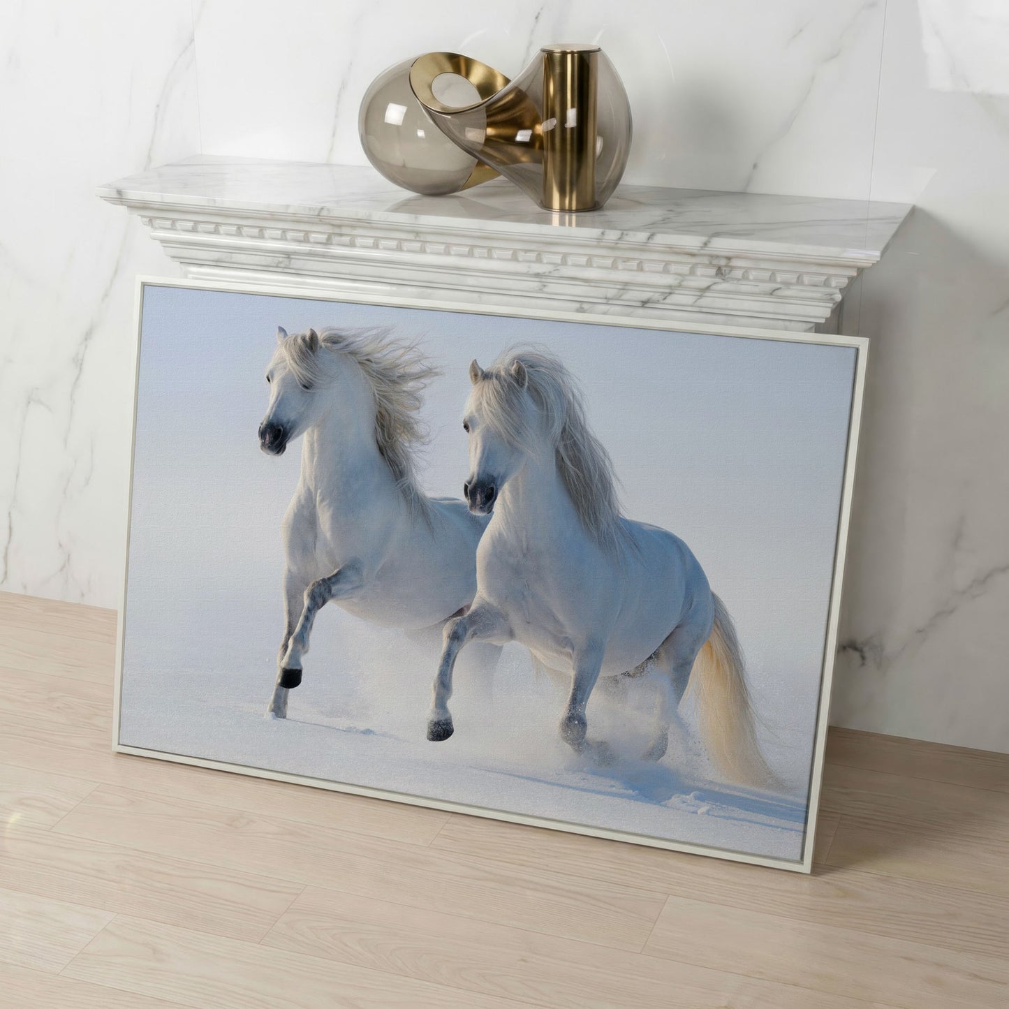 Two White Horses Running Through Snow. Canvas Wall Art in white floating frame