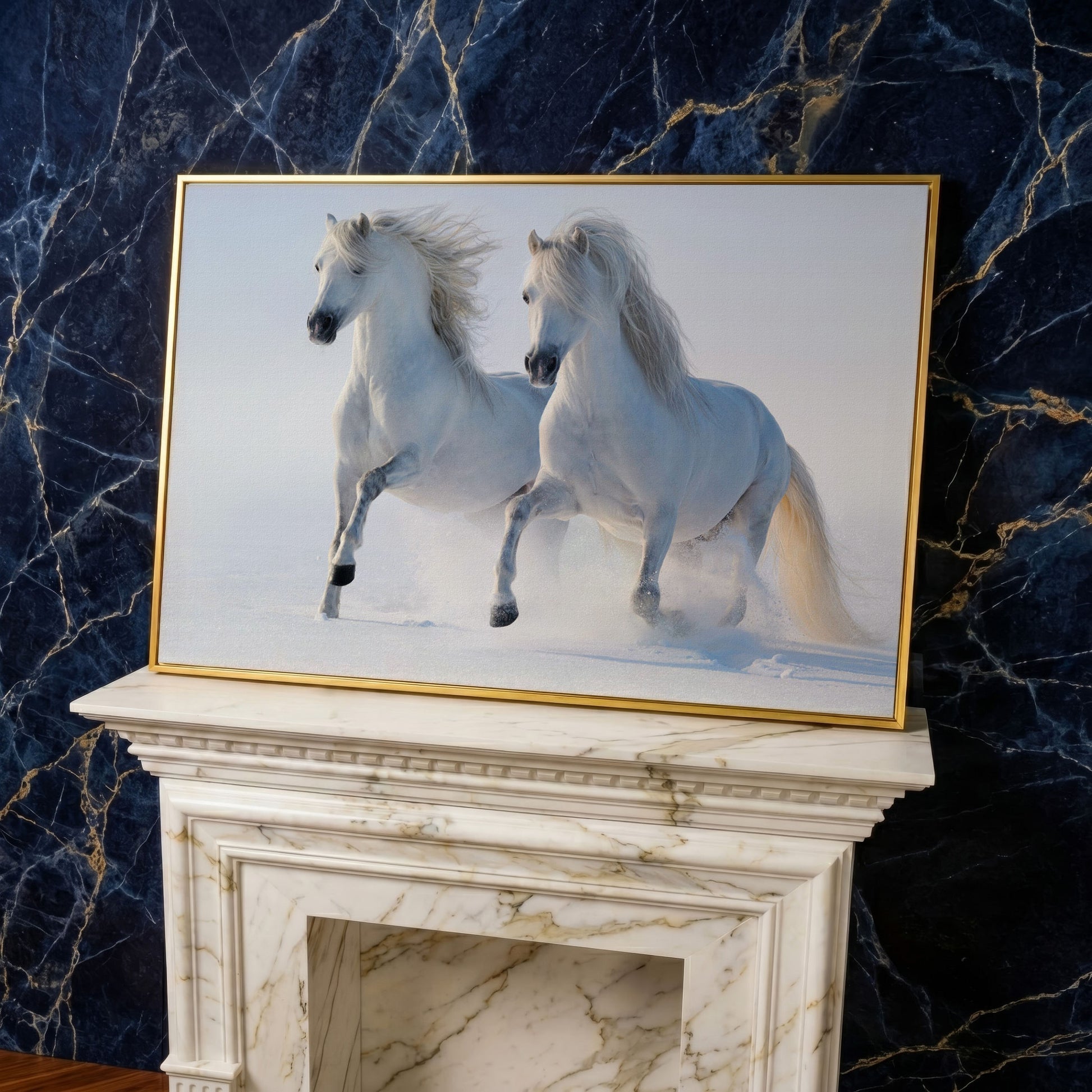 Two White Horses Running Through Snow. Canvas Wall Art in yellow gold floating frame