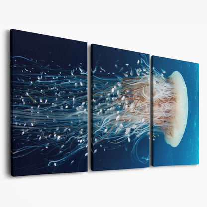Deep Ocean Jellyfish and Fish Canvas Wall Art as 3-panel split version