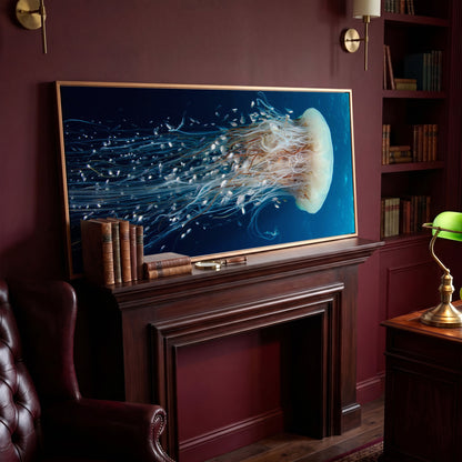 Deep Ocean Jellyfish and Fish Canvas Wall Art in antique gold floating frame