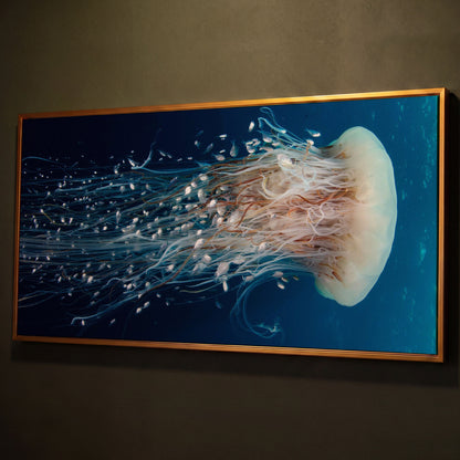 Deep Ocean Jellyfish and Fish Canvas Wall Art shown in antique gold floating frame