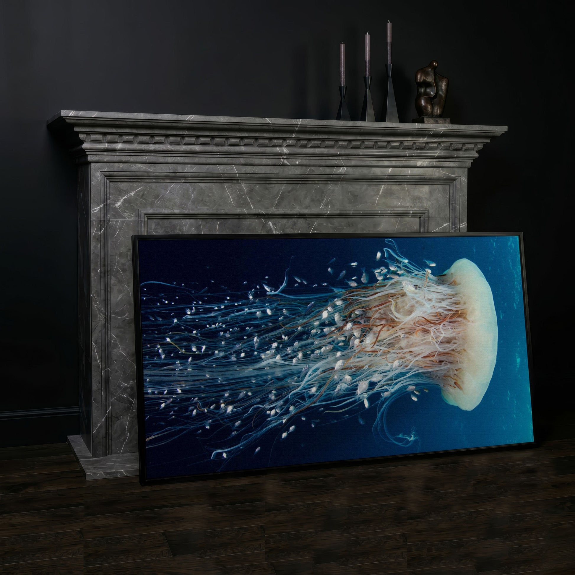 Deep Ocean Jellyfish and Fish Canvas Wall Art in black floating frame