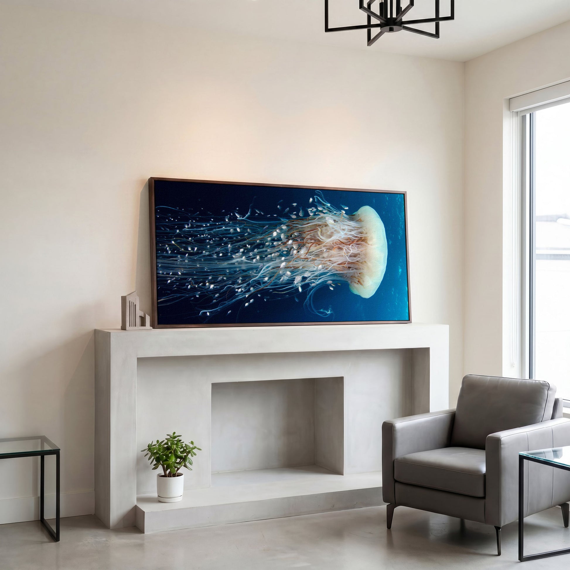 Deep Ocean Jellyfish and Fish Canvas Wall Art in dark walnut floating frame