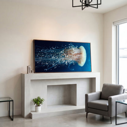 Deep Ocean Jellyfish and Fish Canvas Wall Art in dark walnut floating frame