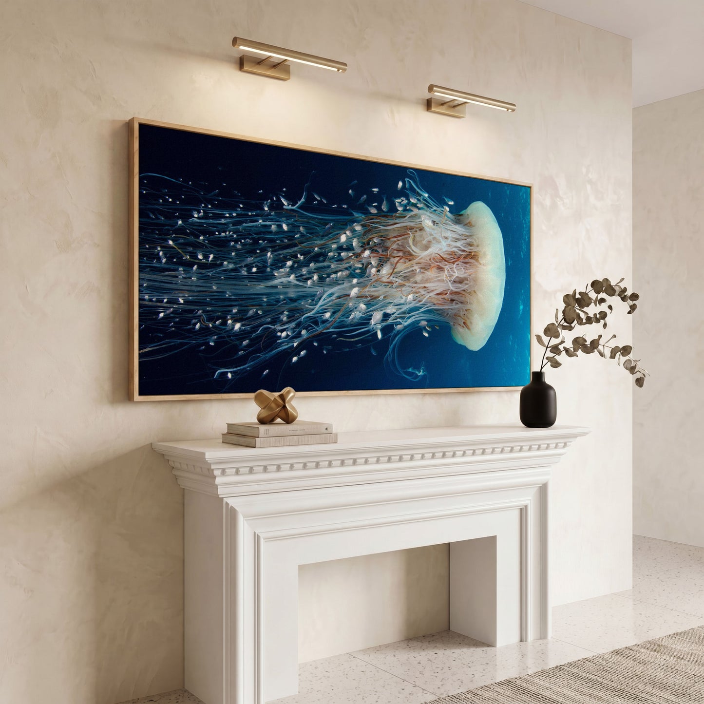 Deep Ocean Jellyfish and Fish Canvas Wall Art in white oak floating frame