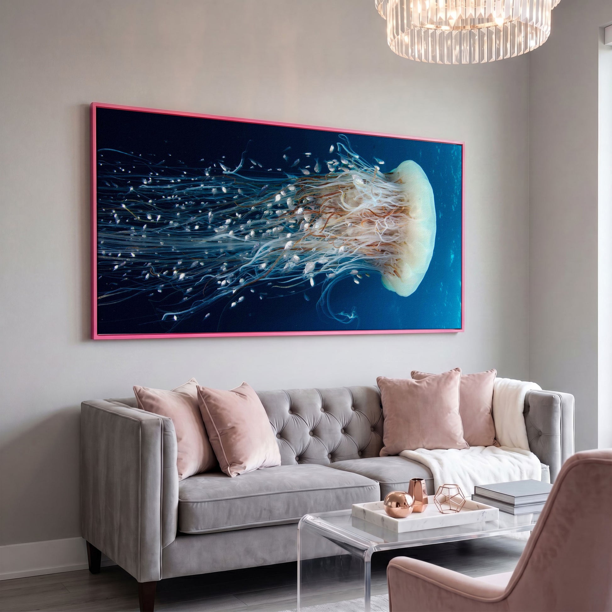 Deep Ocean Jellyfish and Fish Canvas Wall Art in pink floating frame