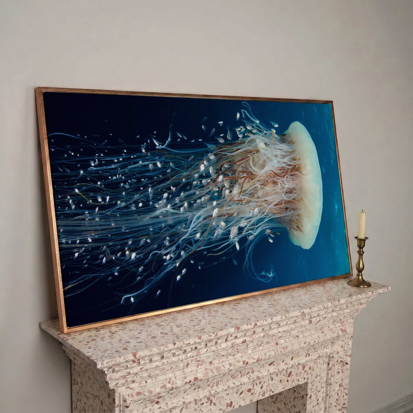 Deep Ocean Jellyfish and Fish Canvas Wall Art in rose gold floating frame