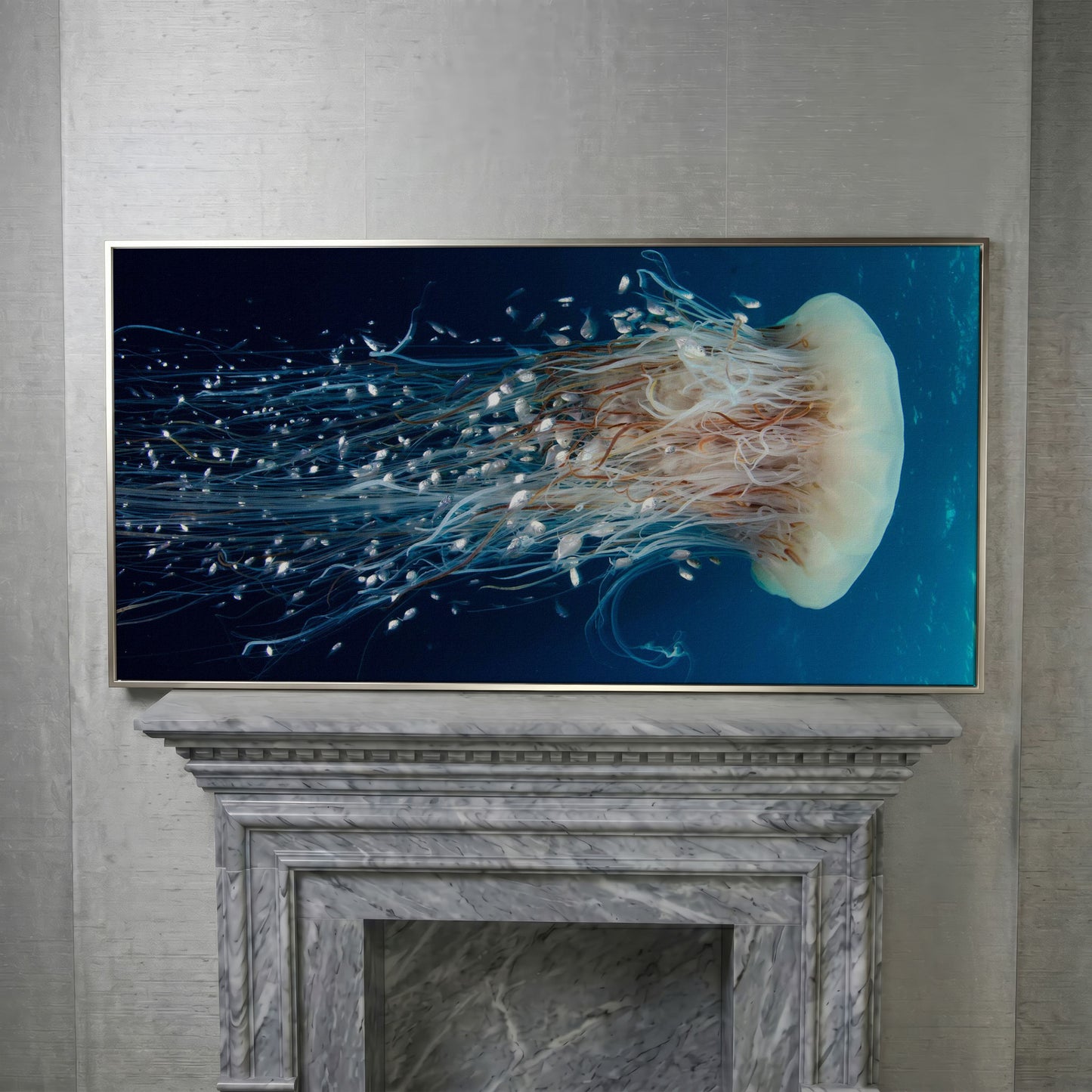 Deep Ocean Jellyfish and Fish Canvas Wall Art in silver floating frame