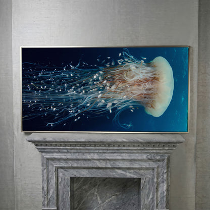 Deep Ocean Jellyfish and Fish Canvas Wall Art in silver floating frame