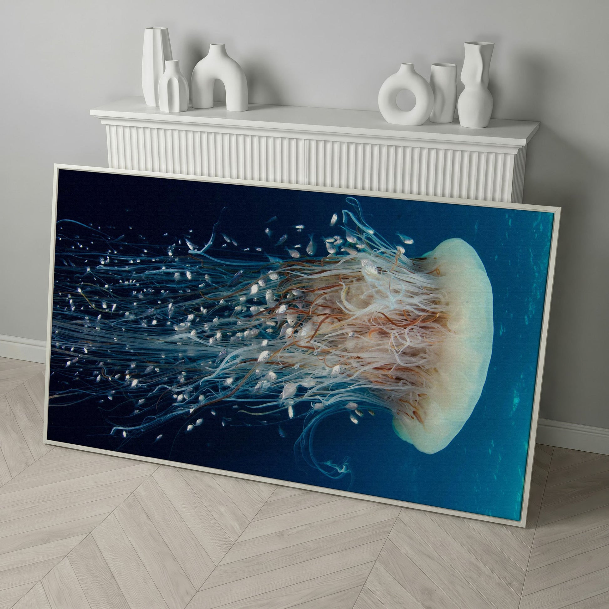 Deep Ocean Jellyfish and Fish Canvas Wall Art in white floating frame