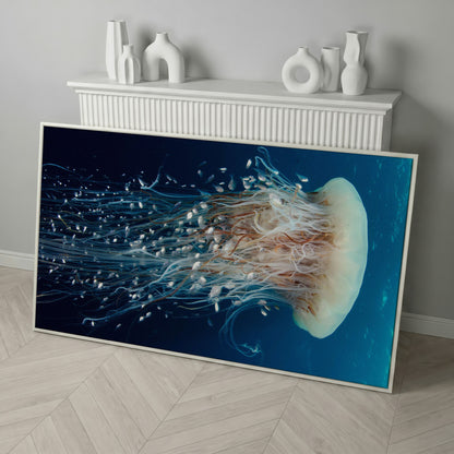 Deep Ocean Jellyfish and Fish Canvas Wall Art in white floating frame