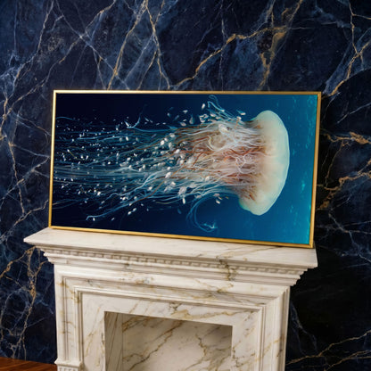Deep Ocean Jellyfish and Fish Canvas Wall Art in yellow gold floating frame