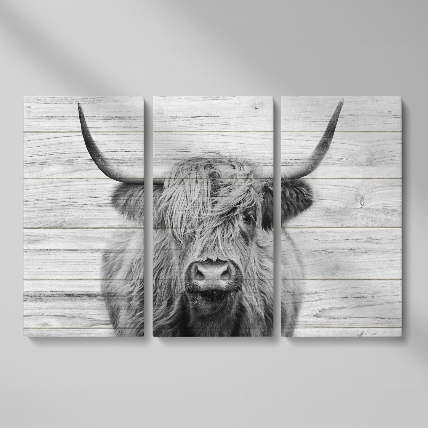 Highland Cow Portrait Canvas Wall Art, Large Horns Close-Up as 3-panel split version