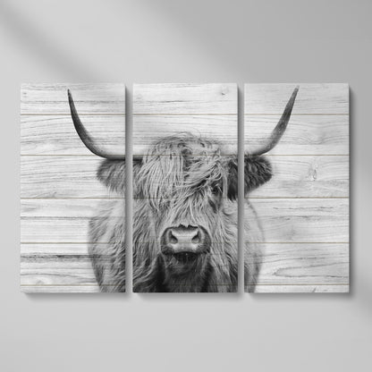 Highland Cow Portrait Canvas Wall Art, Large Horns Close-Up as 3-panel split version