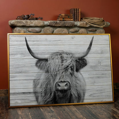 Highland Cow Portrait Canvas Wall Art, Large Horns Close-Up in antique gold floating frame