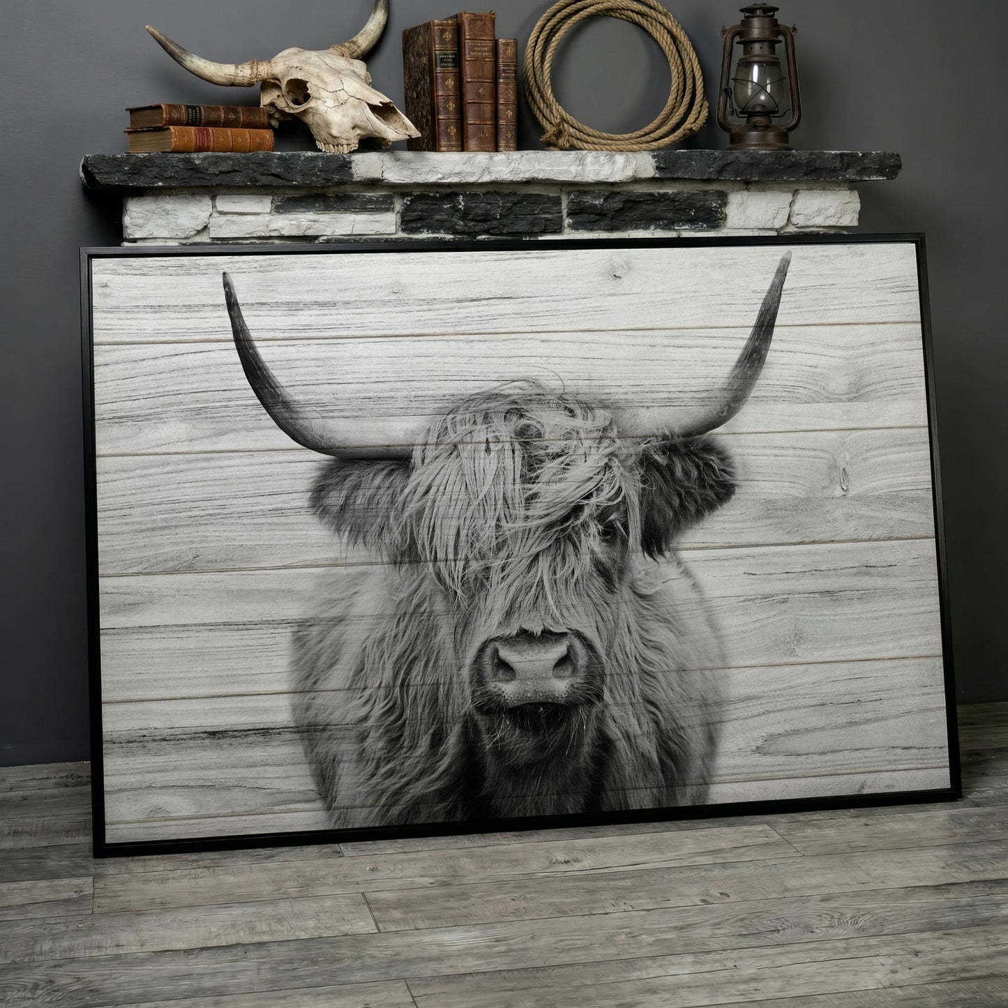 Highland Cow Portrait Canvas Wall Art, Large Horns Close-Up in black floating frame