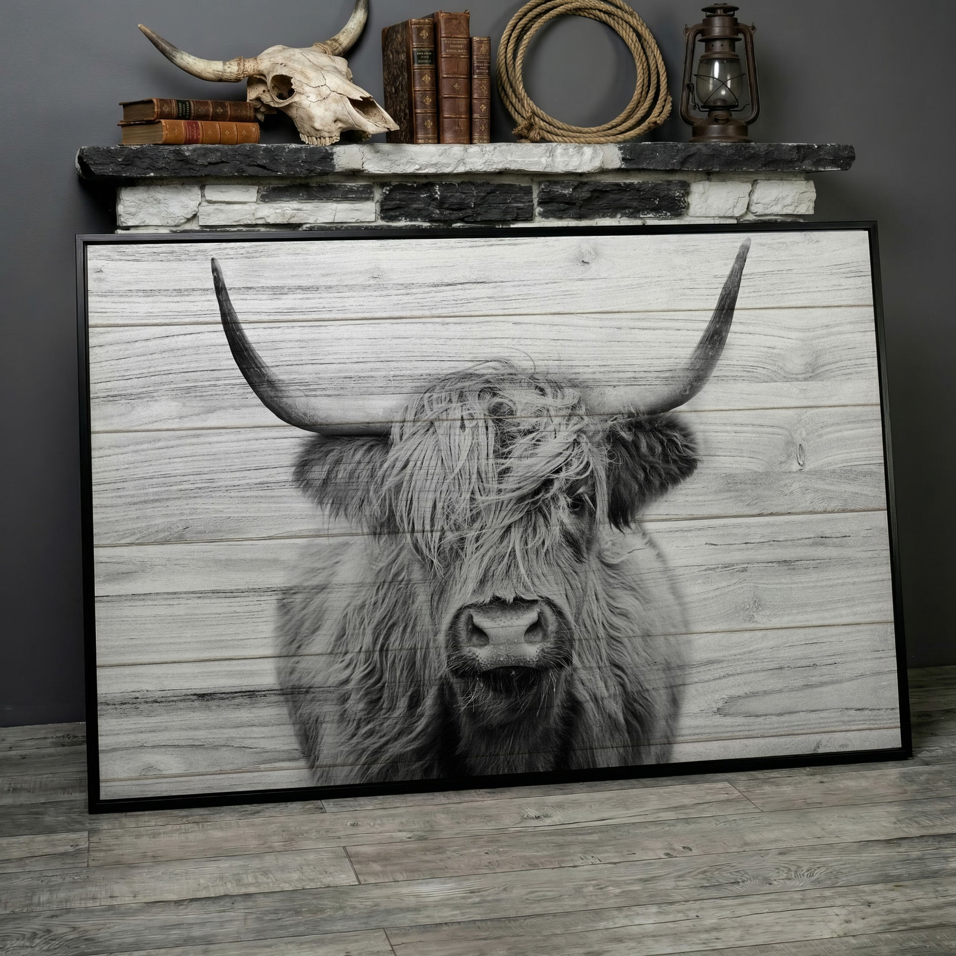 Highland Cow Portrait Canvas Wall Art, Large Horns Close-Up in black floating frame