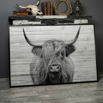 Highland Cow Portrait Canvas Wall Art, Large Horns Close-Up in black floating frame