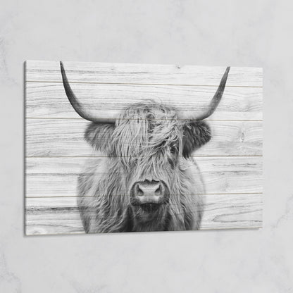 Highland Cow Portrait Canvas Wall Art, Large Horns Close-Up on gallery wrap