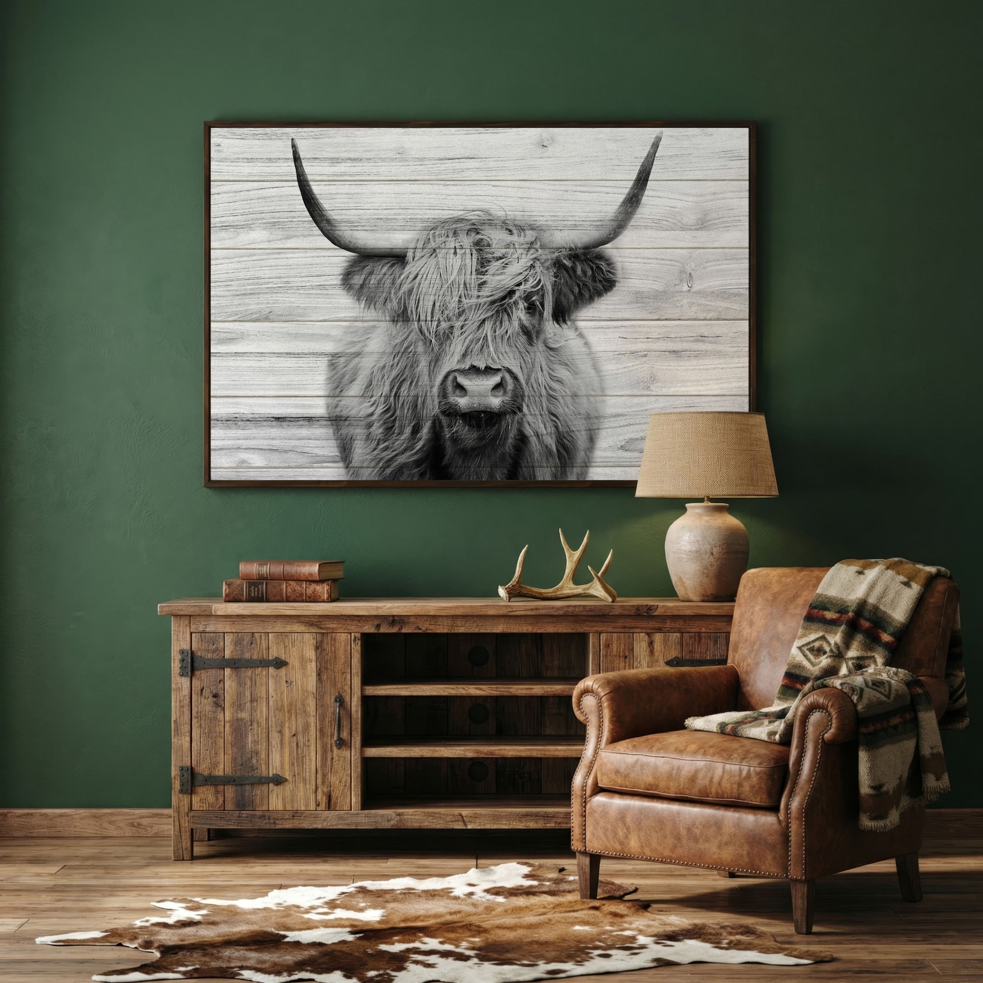 Highland Cow Portrait Canvas Wall Art, Large Horns Close-Up in dark walnut floating frame