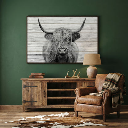Highland Cow Portrait Canvas Wall Art, Large Horns Close-Up in dark walnut floating frame