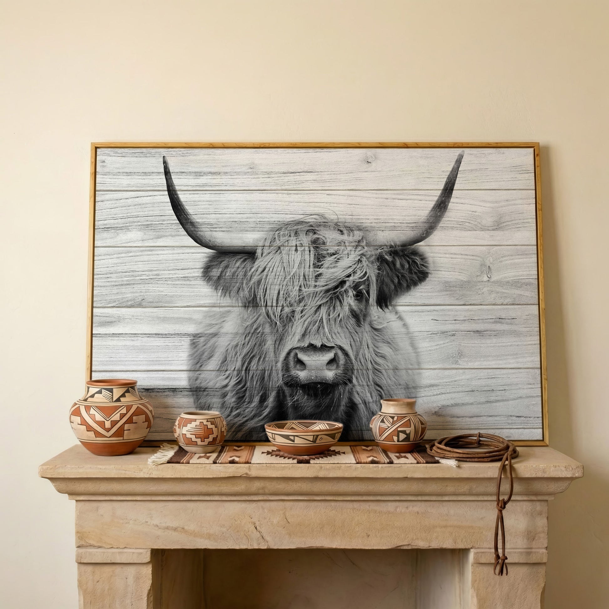 Highland Cow Portrait Canvas Wall Art, Large Horns Close-Up in white oak floating frame
