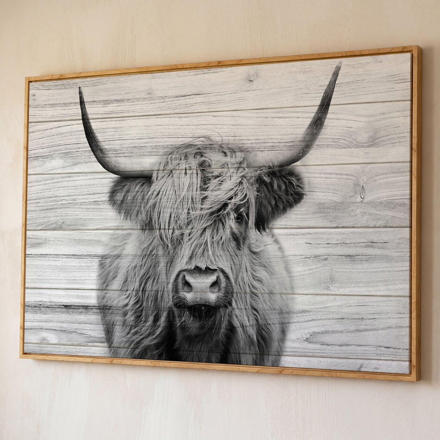 Highland Cow Portrait Canvas Wall Art, Large Horns Close-Up shown in white oak floating frame