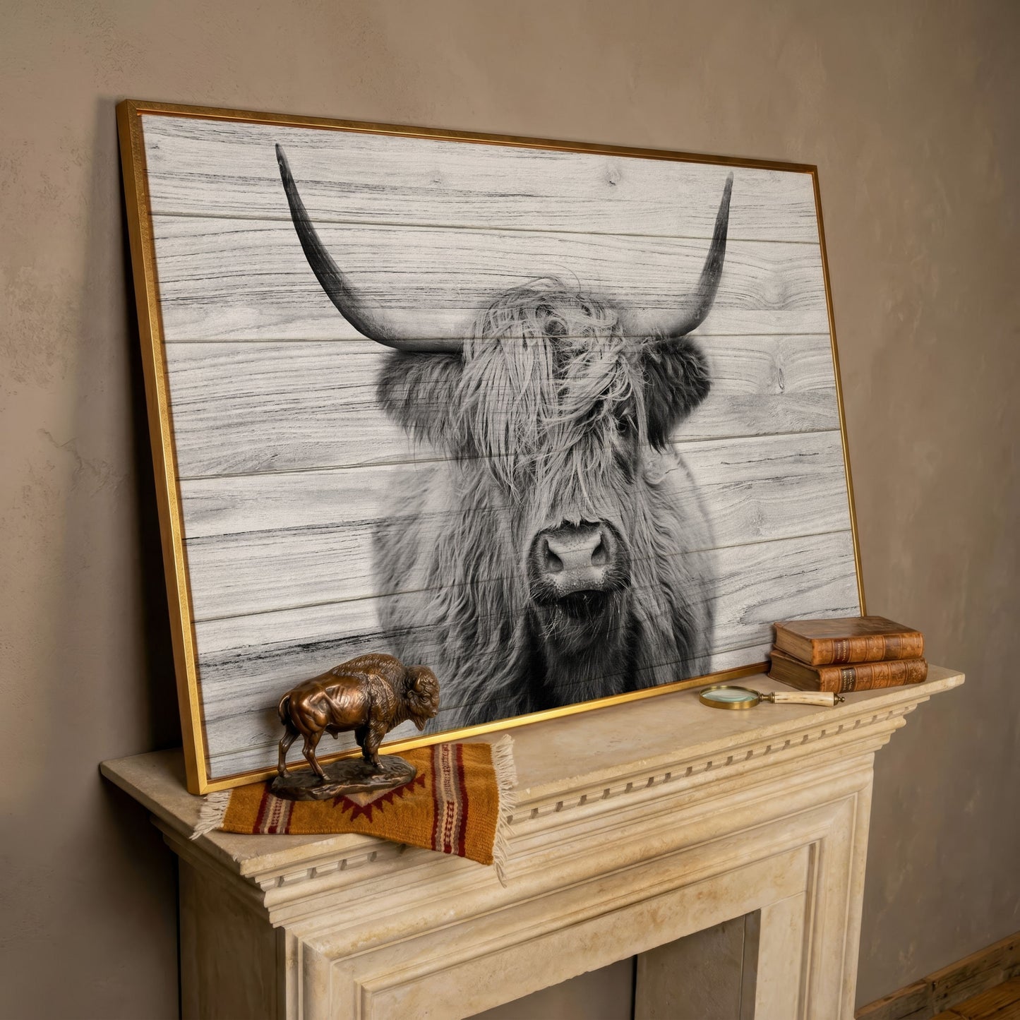 Highland Cow Portrait Canvas Wall Art, Large Horns Close-Up in rose gold floating frame