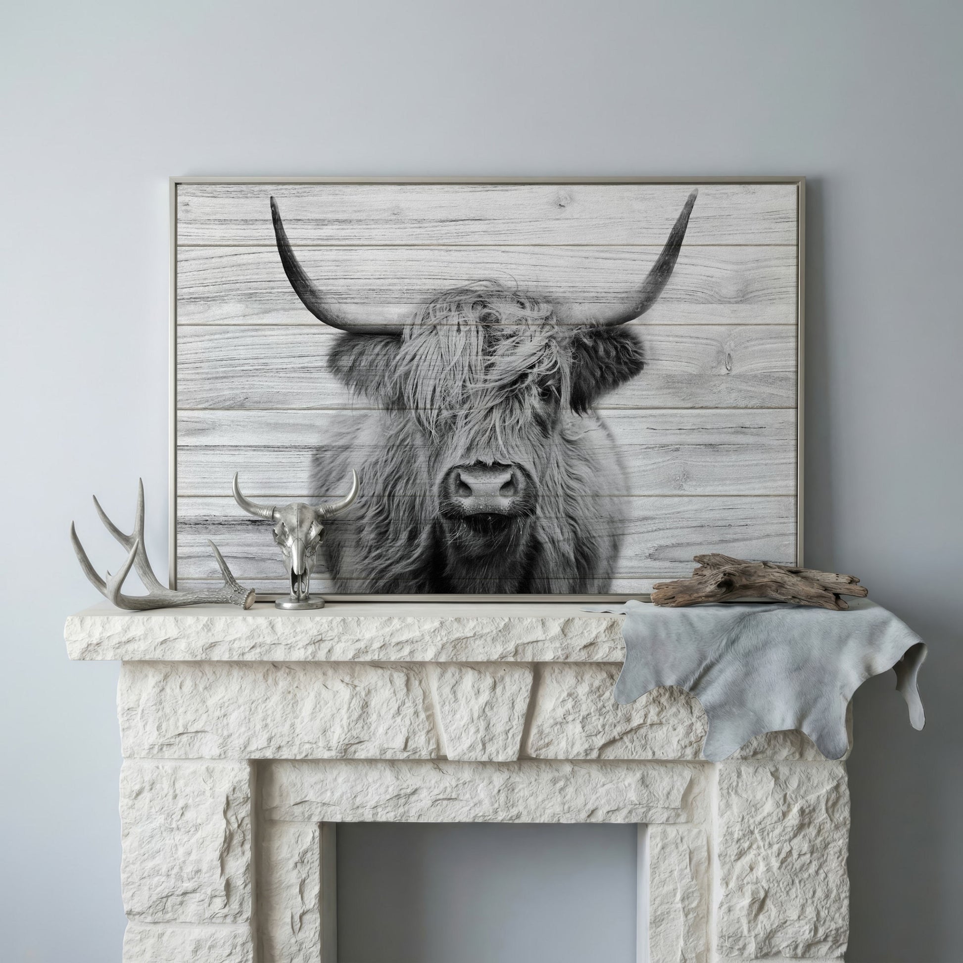 Highland Cow Portrait Canvas Wall Art, Large Horns Close-Up in silver floating frame