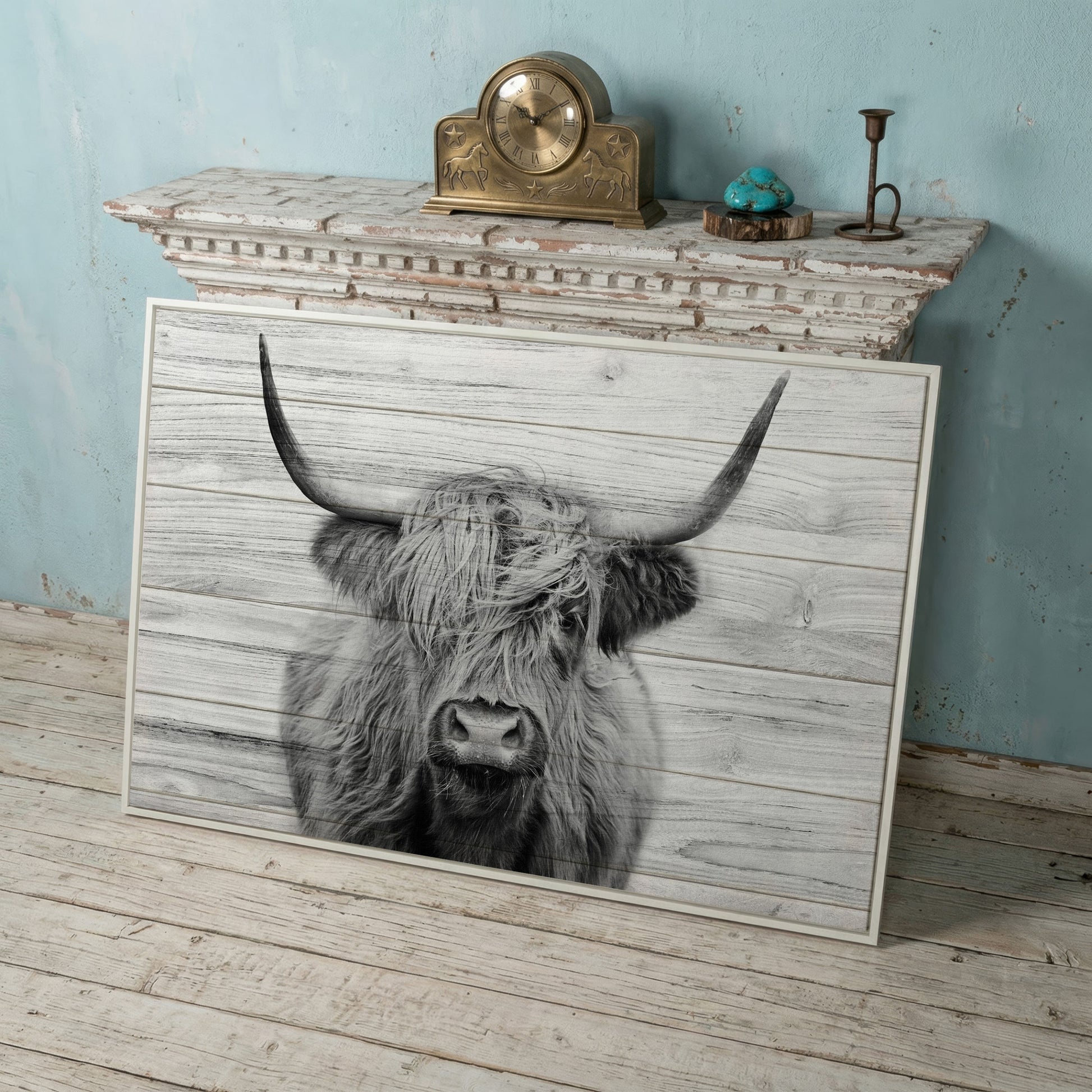 Highland Cow Portrait Canvas Wall Art, Large Horns Close-Up in white floating frame
