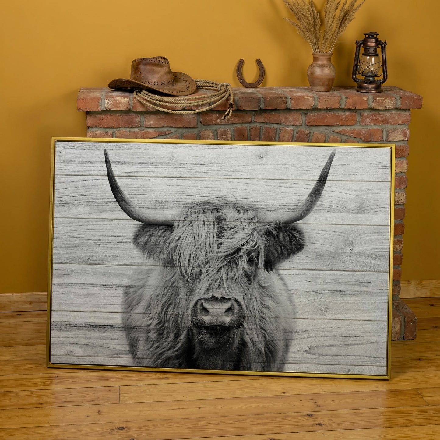 Highland Cow Portrait Canvas Wall Art, Large Horns Close-Up in yellow gold floating frame