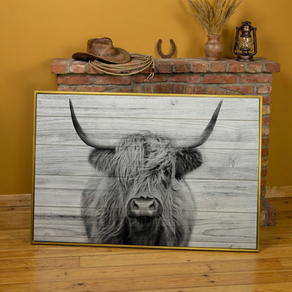 Highland Cow Portrait Canvas Wall Art, Large Horns Close-Up in yellow gold floating frame