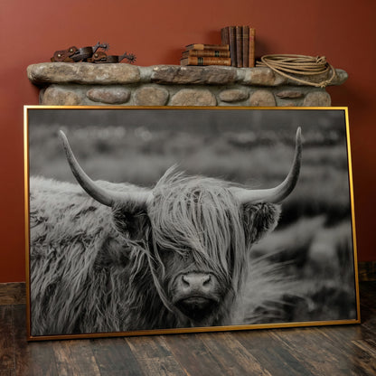 Highland Cow Close-Up Canvas Wall Art, Landscape Portrait in antique gold floating frame