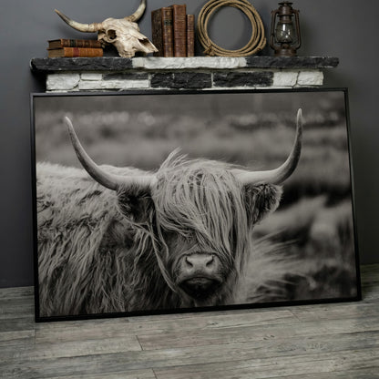 Highland Cow Close-Up Canvas Wall Art, Landscape Portrait in black floating frame