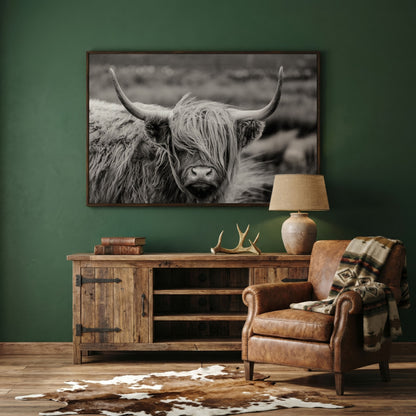 Highland Cow Close-Up Canvas Wall Art, Landscape Portrait in dark walnut floating frame